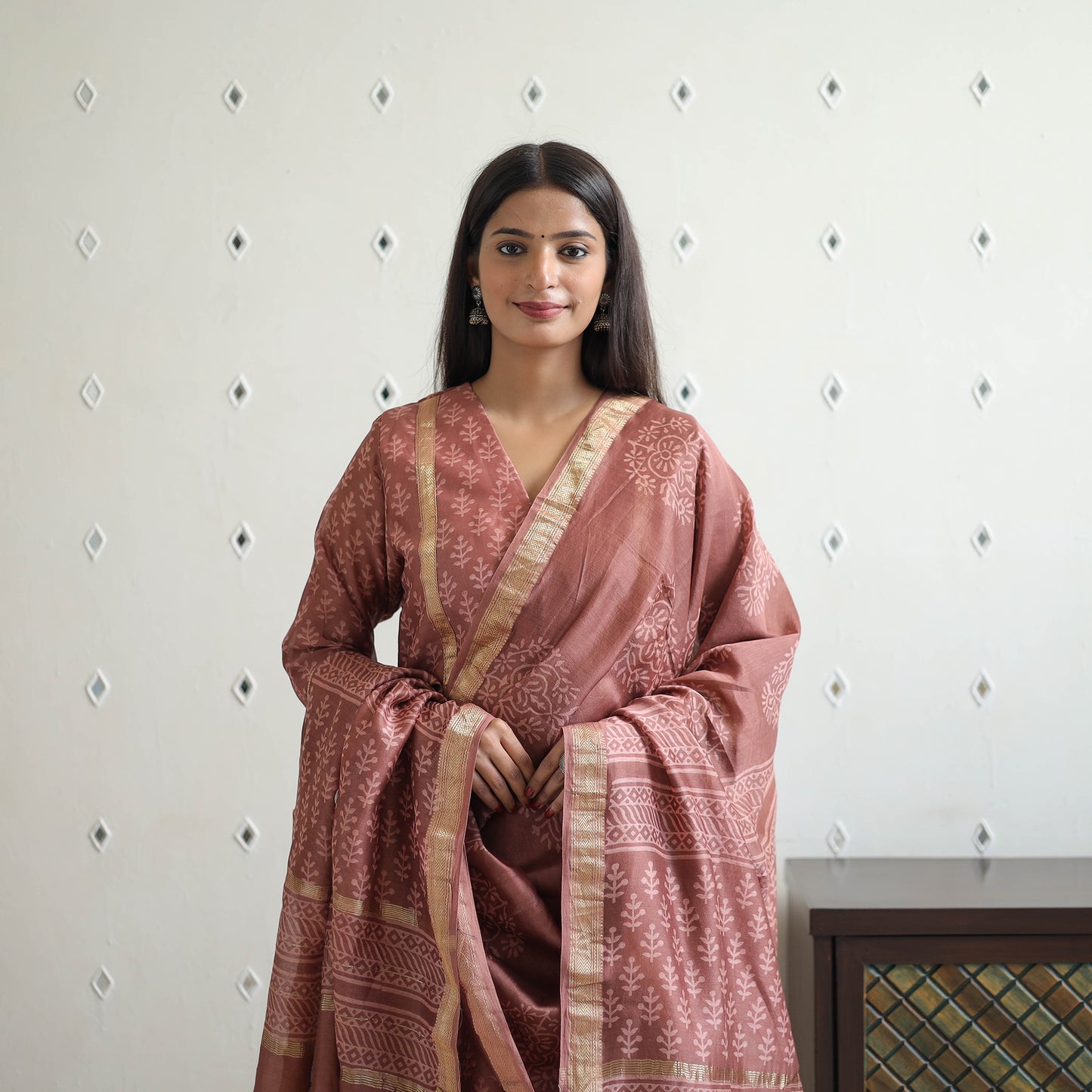 Peach - Traditional Maheshwari Silk Bagru Print Kurta Set 06