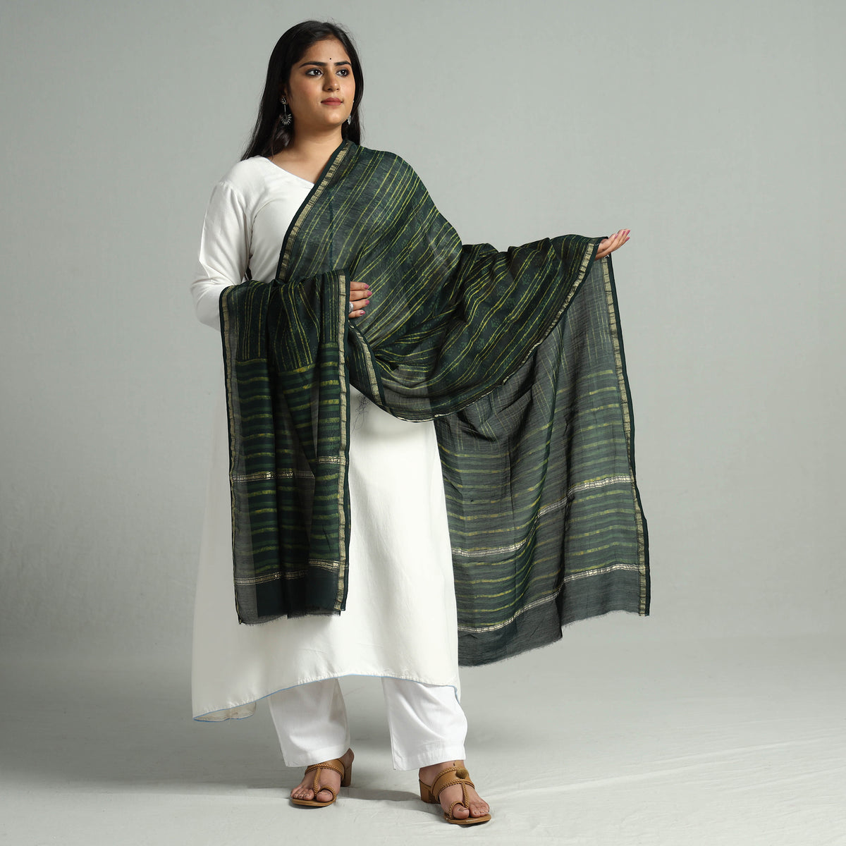 Green - Akola Dabu Block Printed Handloom Chanderi Silk Dupatta with Zari Border 16