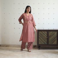 Peach - Traditional Maheshwari Silk Bagru Print Kurta Set 06