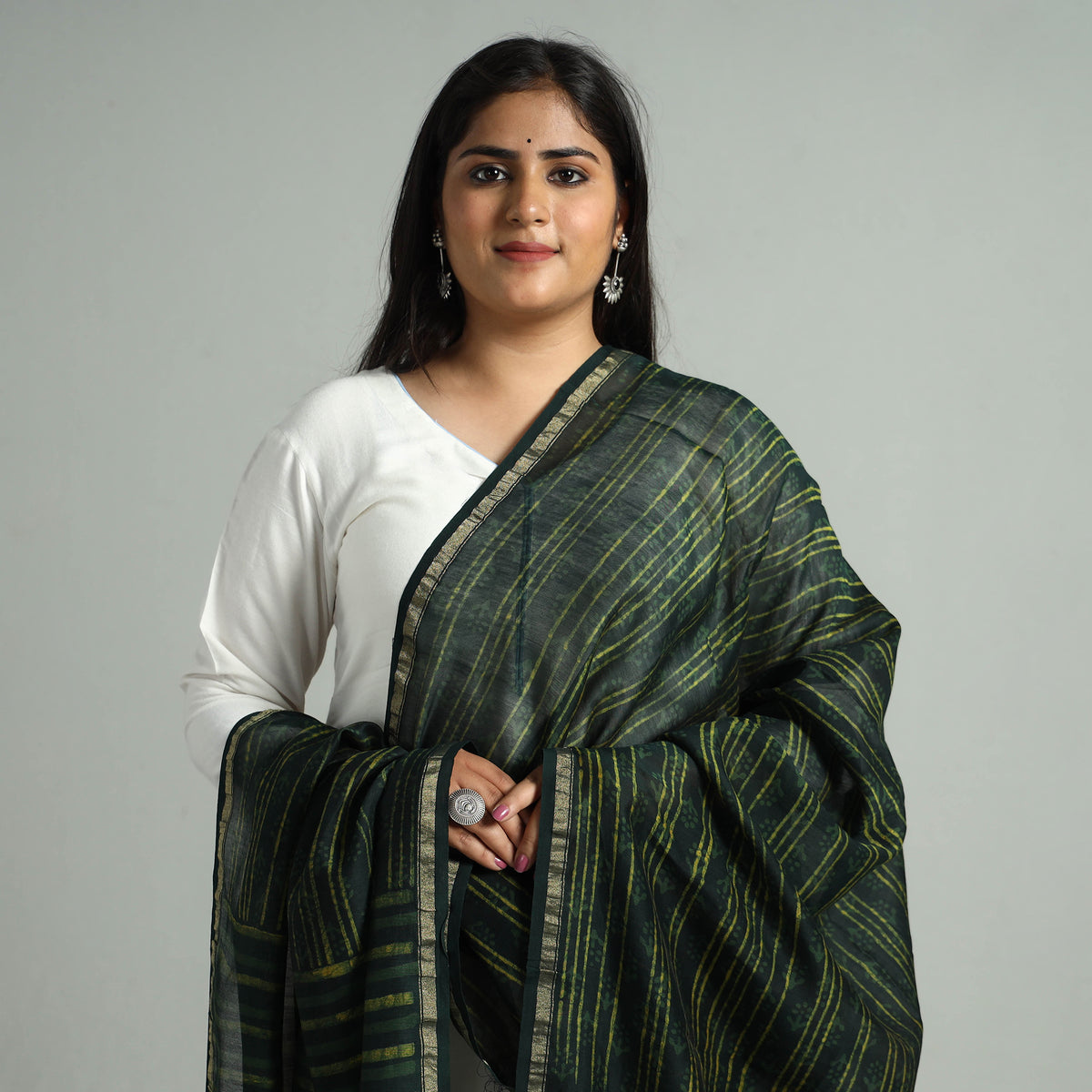 Green - Akola Dabu Block Printed Handloom Chanderi Silk Dupatta with Zari Border 16