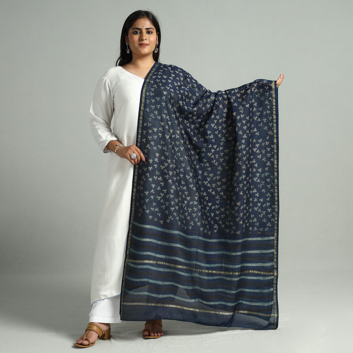 Blue - Akola Dabu Block Printed Handloom Chanderi Silk Dupatta 17