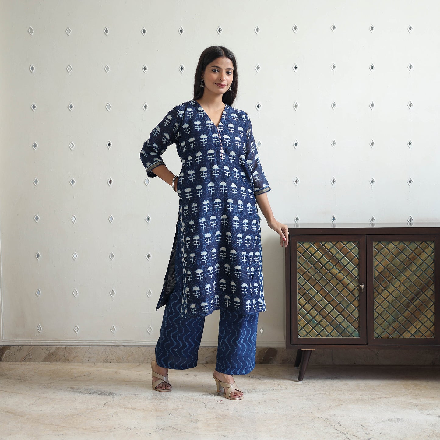 Blue - Chanderi Silk Indigo Bagru Block Print Kurta Set 08