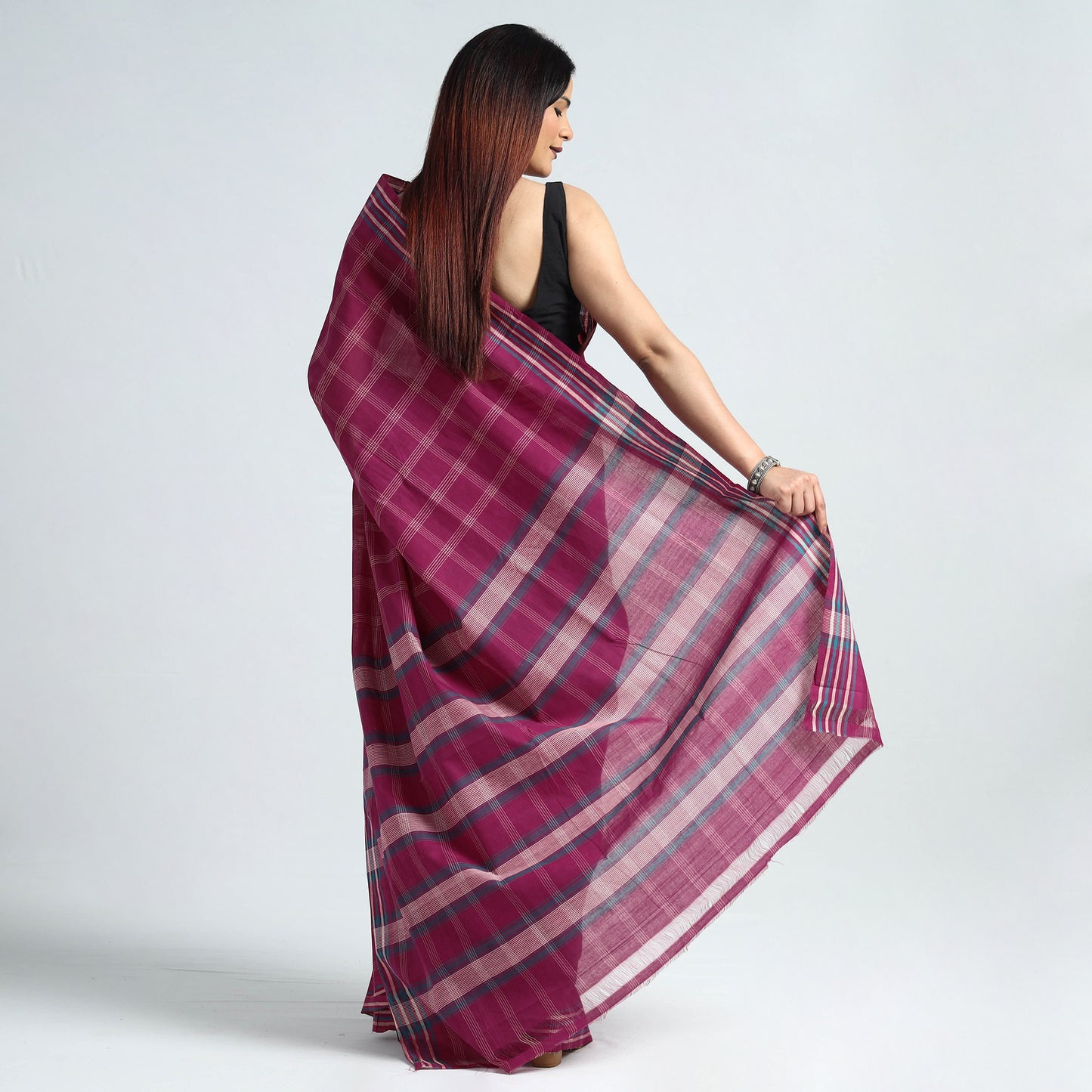 Purple - Traditional Challapalli Handloom Cotton Checks Saree