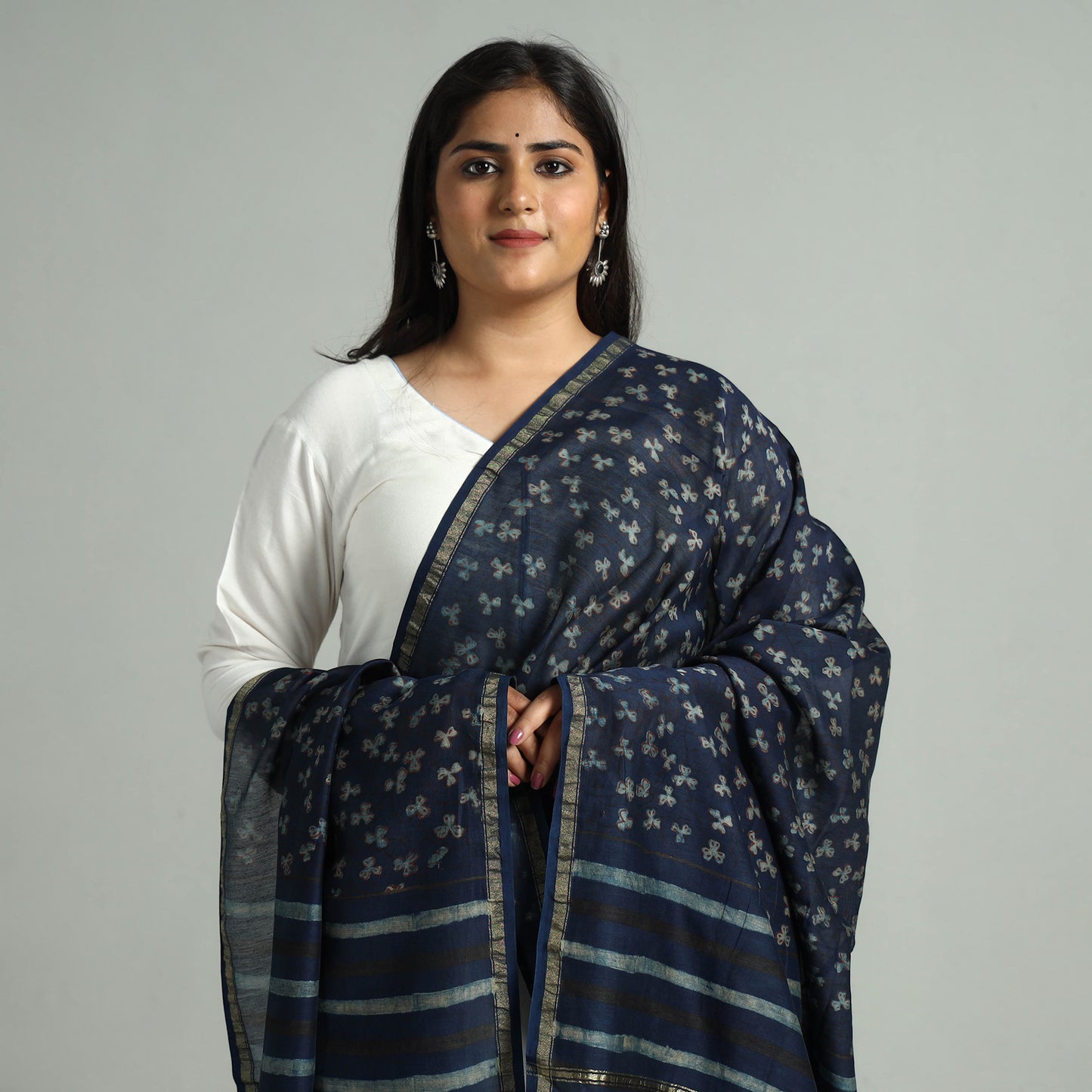 Blue - Akola Dabu Block Printed Handloom Chanderi Silk Dupatta 17