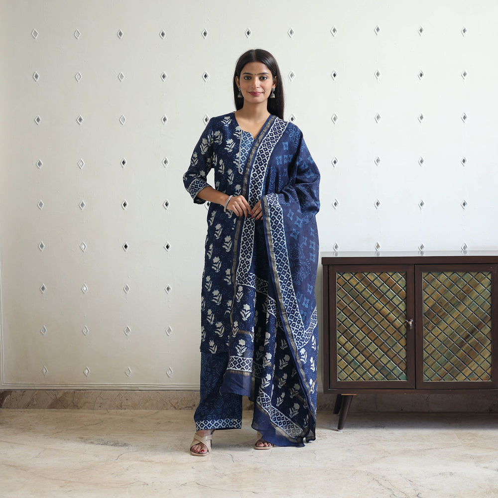 Blue - Chanderi Silk Indigo Bagru Block Print Kurta Set 04