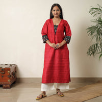 Red - Bhagalpuri Handwoven Desi Tussar Silk Straight Kurta 15