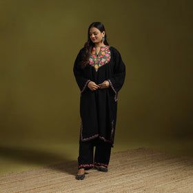 Pink - Handwoven Aari Embroidered Kashmiri Merino Wool Pheran with Palazzo Set 07