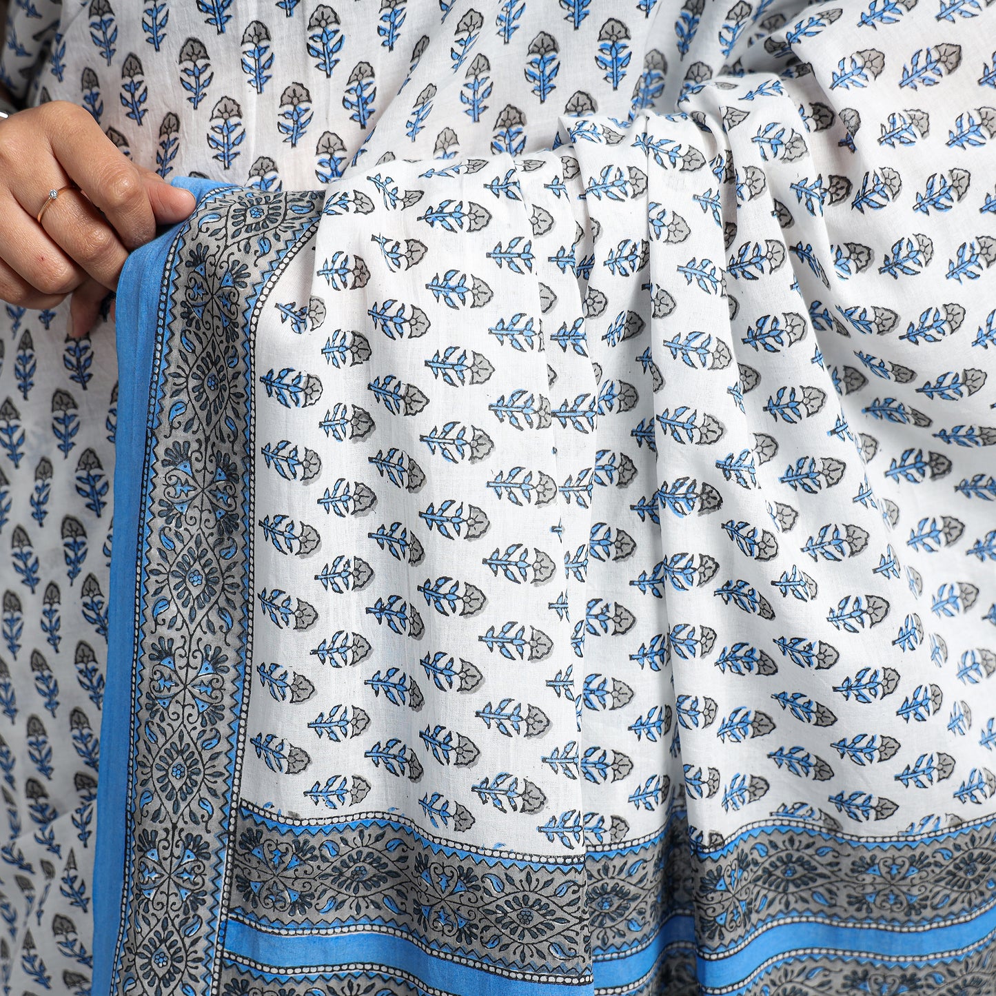 Blue - Sanganeri Block Printed Mul Cotton Saree