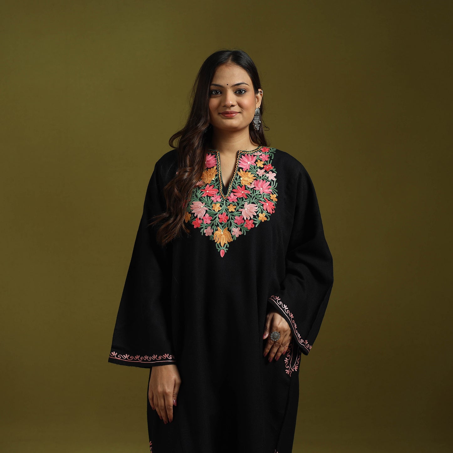 Pink - Handwoven Aari Embroidered Kashmiri Merino Wool Pheran with Palazzo Set 07