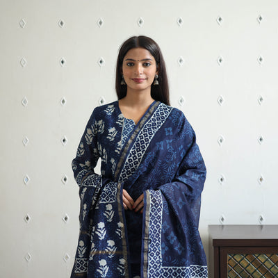 Blue - Chanderi Silk Indigo Bagru Block Print Kurta Set 04