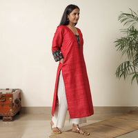 Red - Bhagalpuri Handwoven Desi Tussar Silk Straight Kurta 15