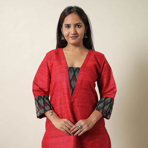 Red - Bhagalpuri Handwoven Desi Tussar Silk Straight Kurta 15