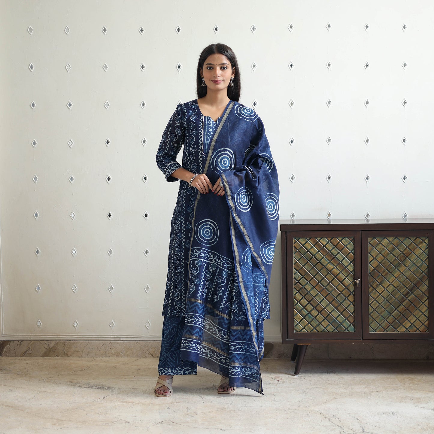 Blue - Chanderi Silk Indigo Bagru Block Print Kurta Set 01