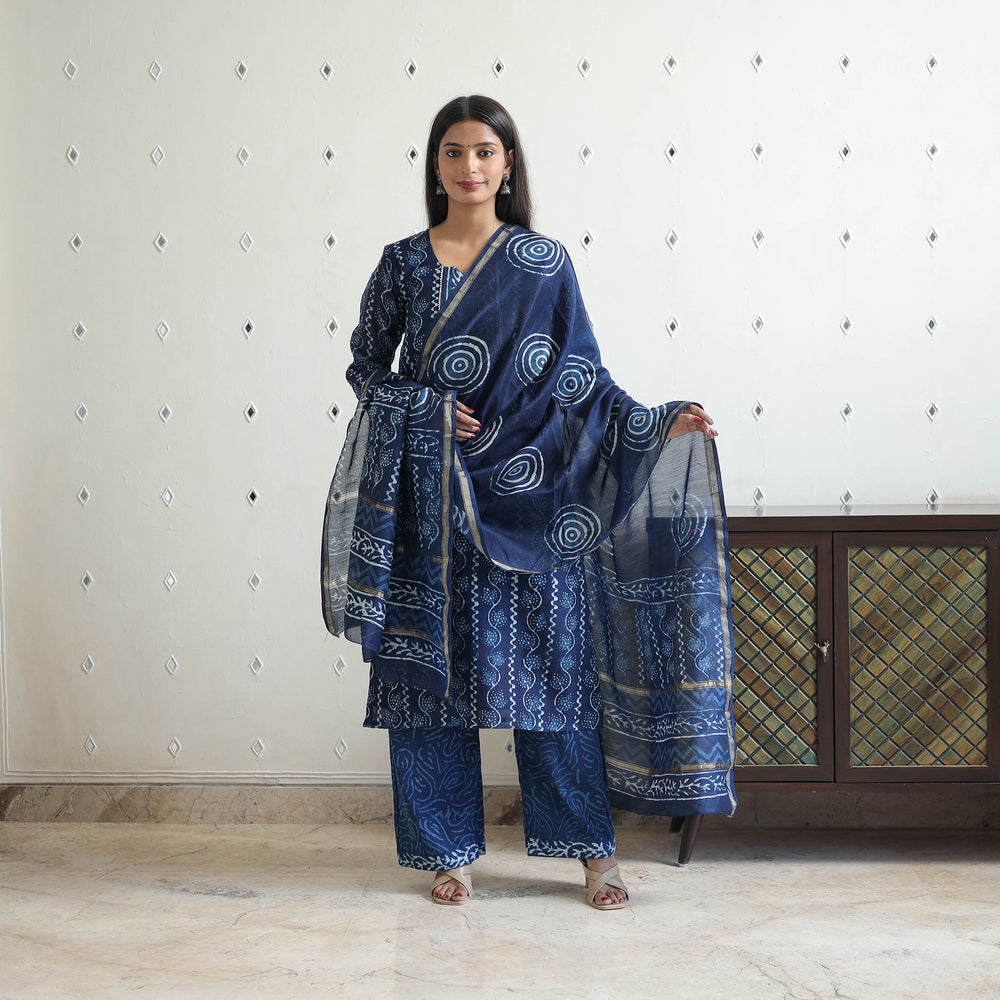 Blue - Chanderi Silk Indigo Bagru Block Print Kurta Set 01