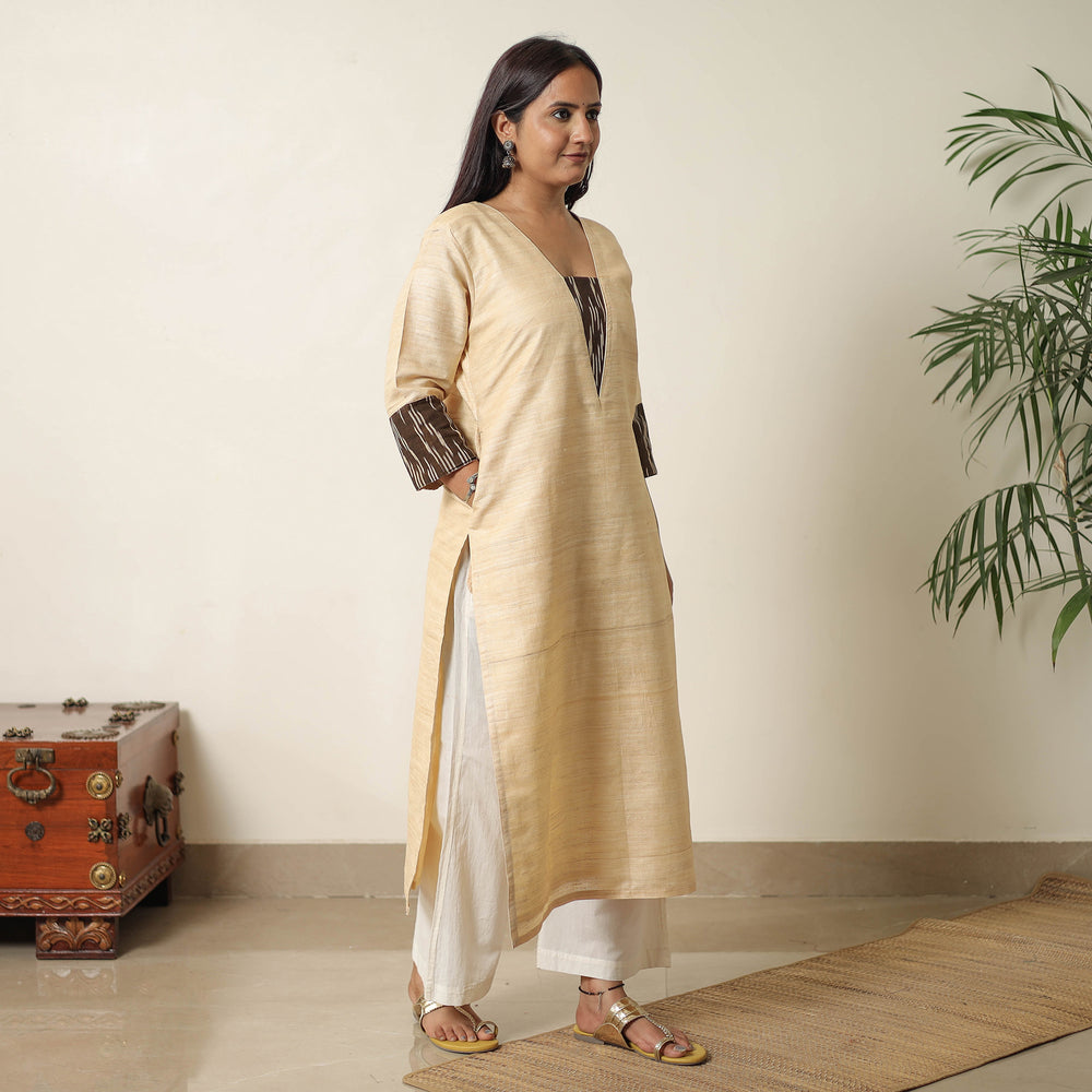 Beige - Bhagalpuri Handwoven Desi Tussar Silk Straight Kurta 13