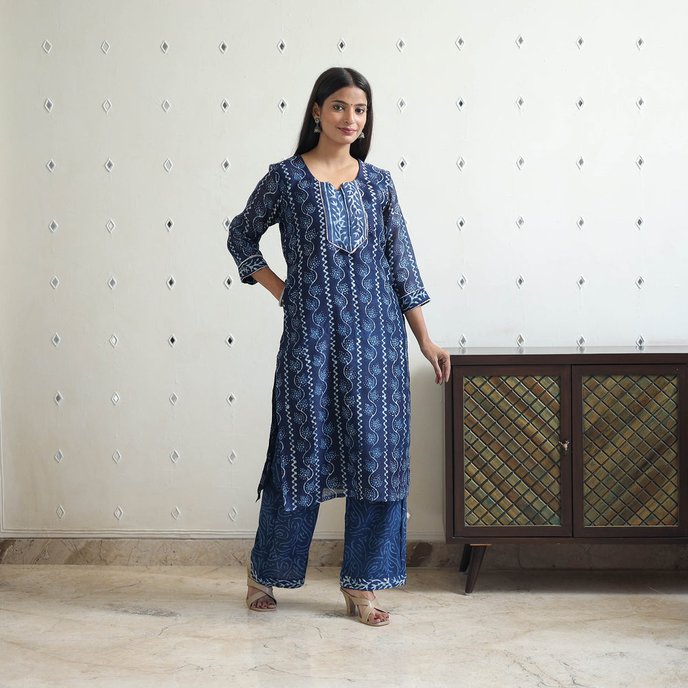 Blue - Chanderi Silk Indigo Bagru Block Print Kurta Set 01