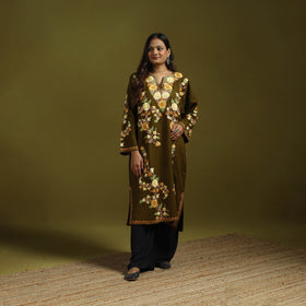 Pink - Handwoven Aari Embroidered Kashmiri Merino Wool Pheran 08