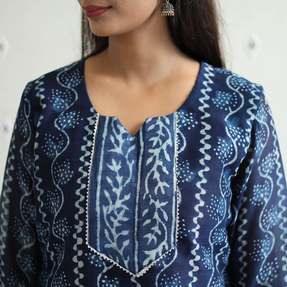 Blue - Chanderi Silk Indigo Bagru Block Print Kurta Set 01