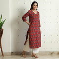 Red with Flower - Ajrakh Hand Block Printed Cotton Straight Kurta
