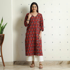 Red with Flower - Ajrakh Hand Block Printed Cotton Straight Kurta