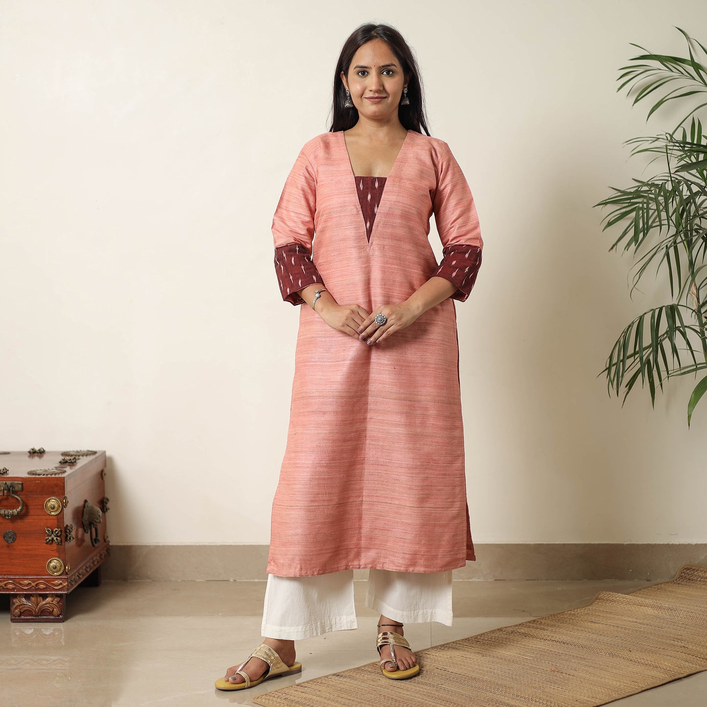 Peach - Bhagalpuri Handwoven Desi Tussar Silk Straight Kurta 14