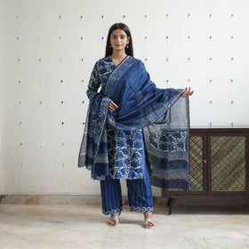 Buy Blue Chanderi Silk Indigo Bagru Block Print Kurta Set