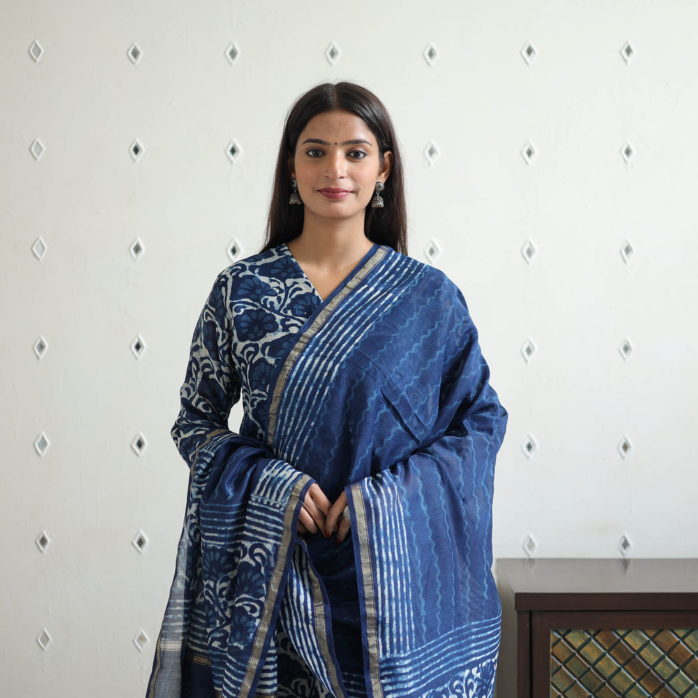 Blue - Chanderi Silk Indigo Bagru Block Print Kurta Set 09