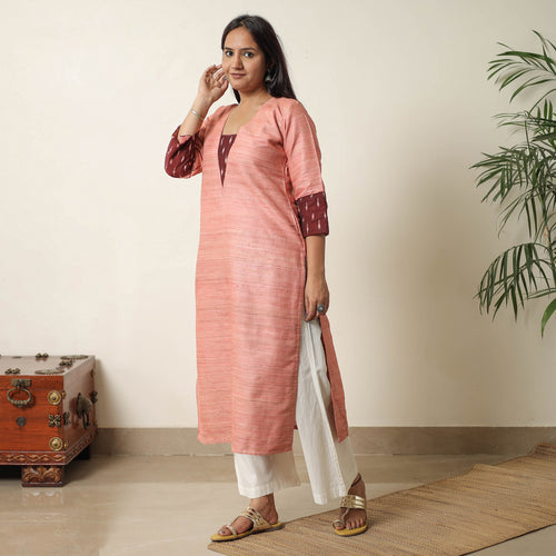 Peach - Bhagalpuri Handwoven Desi Tussar Silk Straight Kurta 14