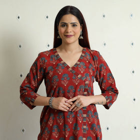 Red - Ajrakh Block Printed Cotton Straight Kurta