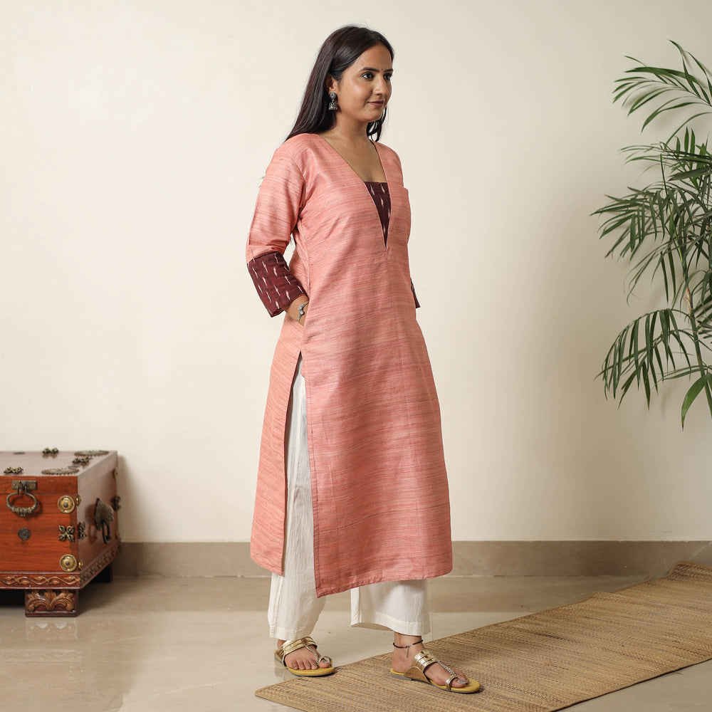 Peach - Bhagalpuri Handwoven Desi Tussar Silk Straight Kurta 14