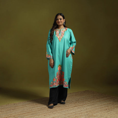 Pink - Handwoven Aari Embroidered Kashmiri Merino Wool Pheran 09