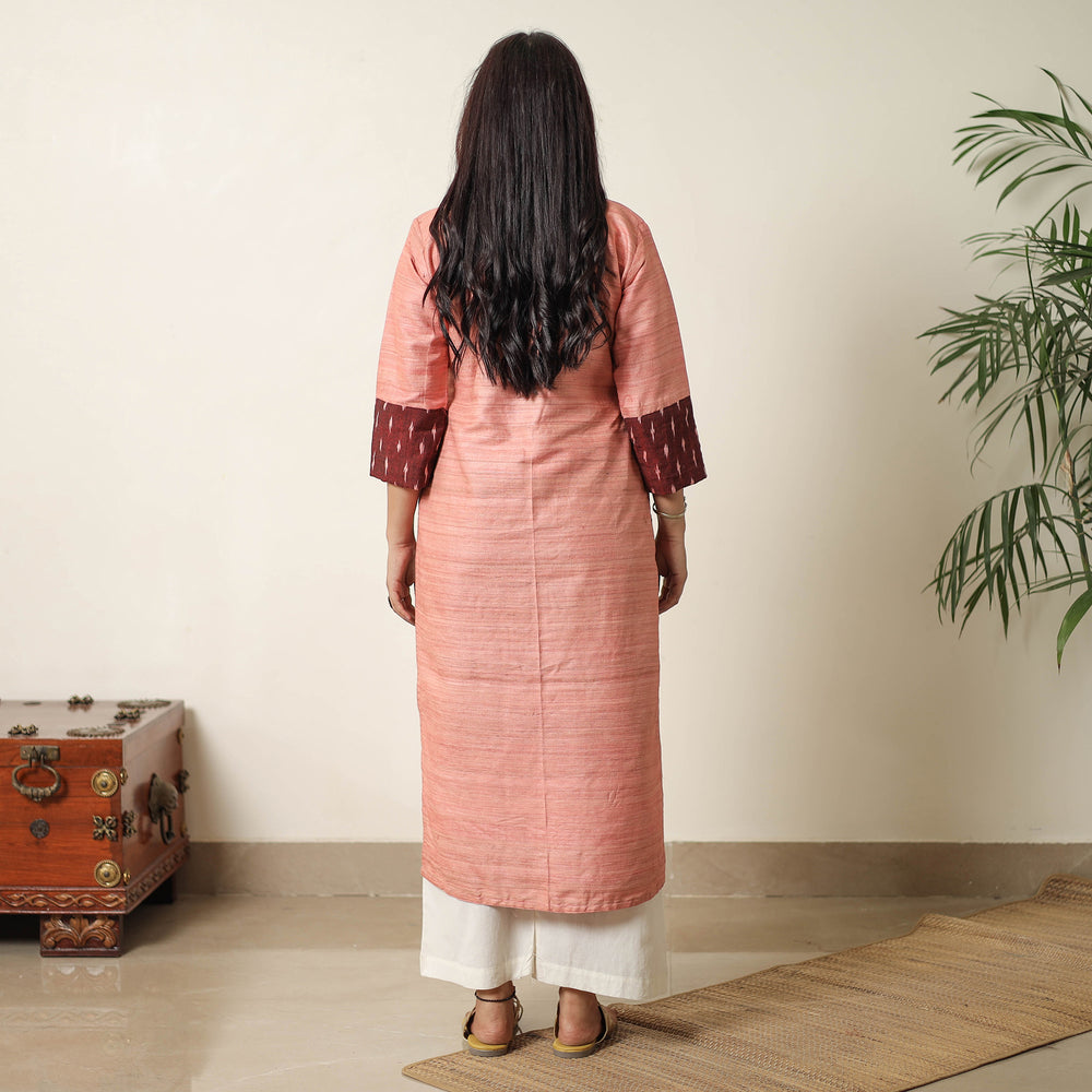 Peach - Bhagalpuri Handwoven Desi Tussar Silk Straight Kurta 14