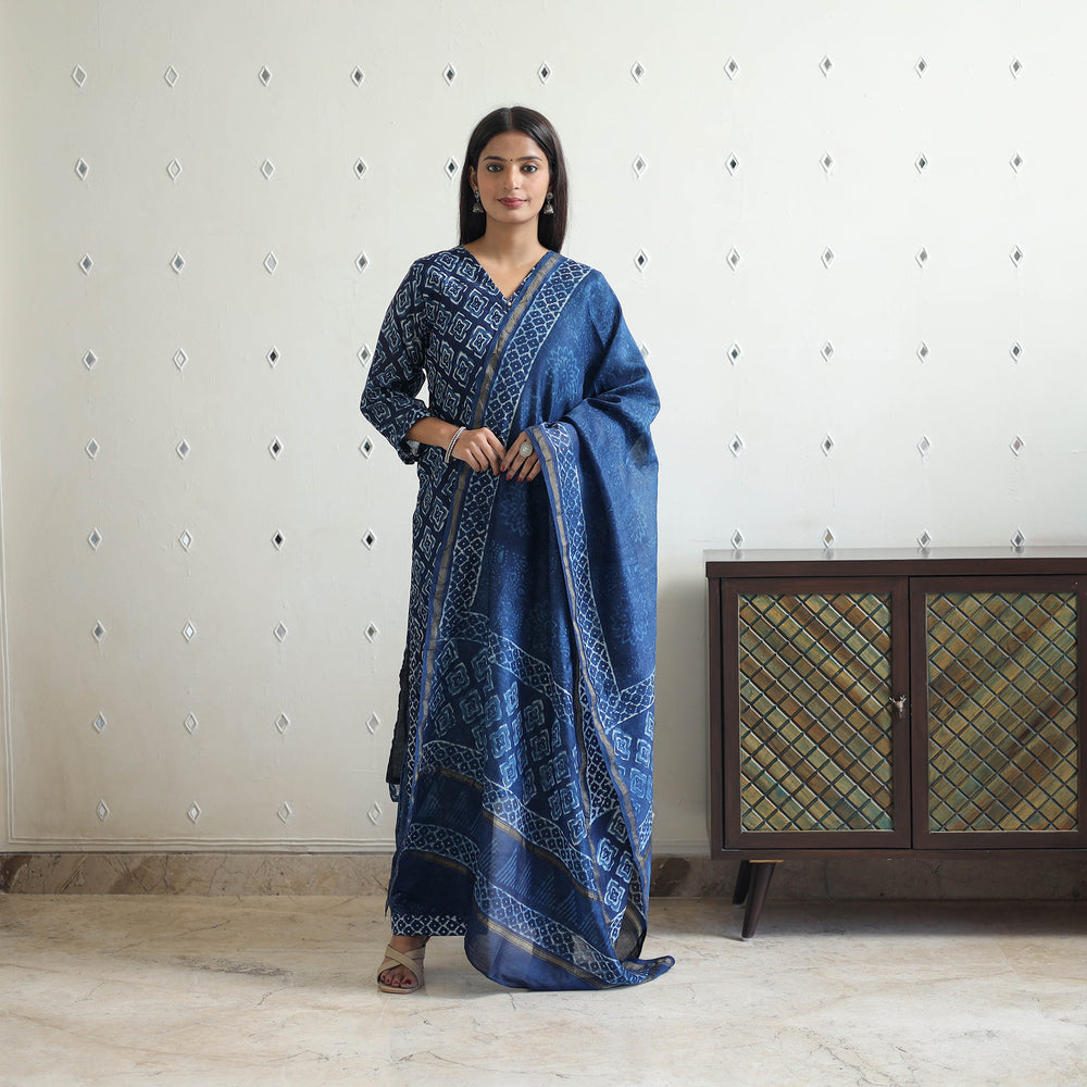 Blue - Chanderi Silk Indigo Bagru Block Print Kurta Set 07