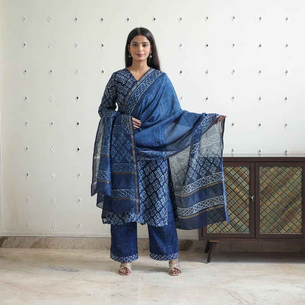 Blue - Chanderi Silk Indigo Bagru Block Print Kurta Set 07