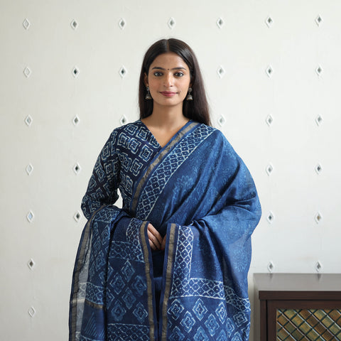 Blue - Chanderi Silk Indigo Bagru Block Print Kurta Set 07