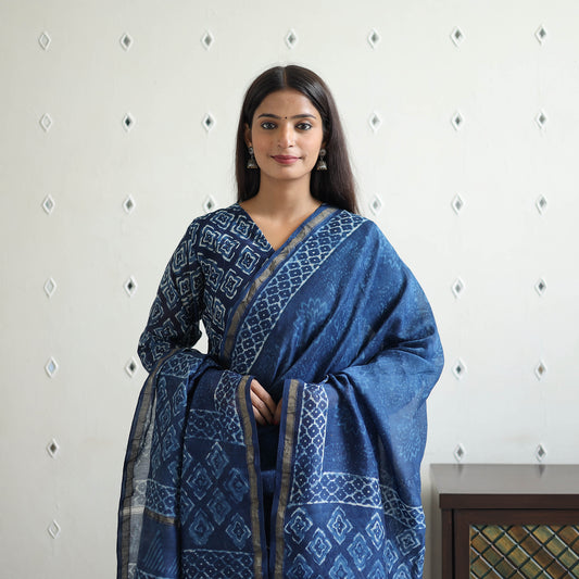 Chanderi Silk Indigo Bagru Block Print Kurta Set 07