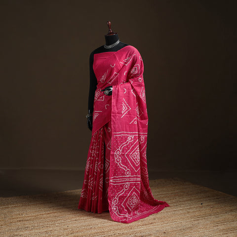 Pink - Kutch Tie-Dye Pure Mul Cotton Rai Bandhani Saree with Blouse Piece 02