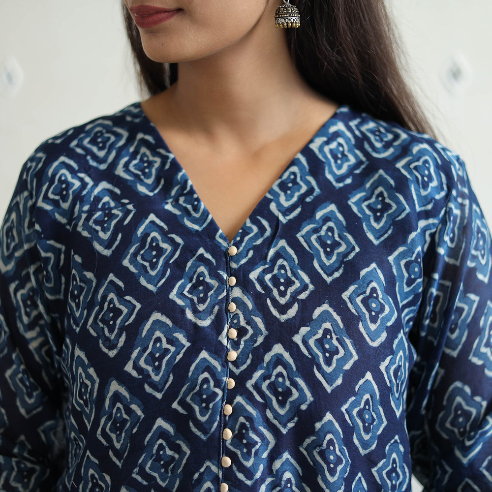 Blue - Chanderi Silk Indigo Bagru Block Print Kurta Set 07