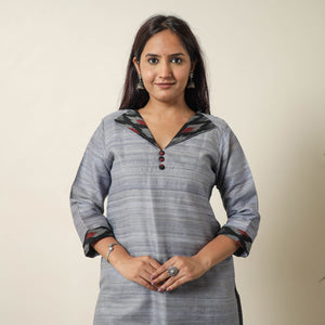 Grey - Bhagalpuri Handwoven Desi Tussar Silk Straight Kurta 09