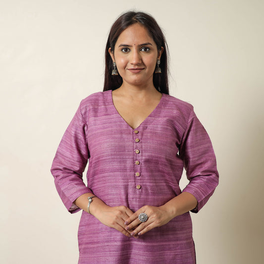 Purple - Bhagalpuri Handwoven Desi Tussar Silk Straight Kurta 05