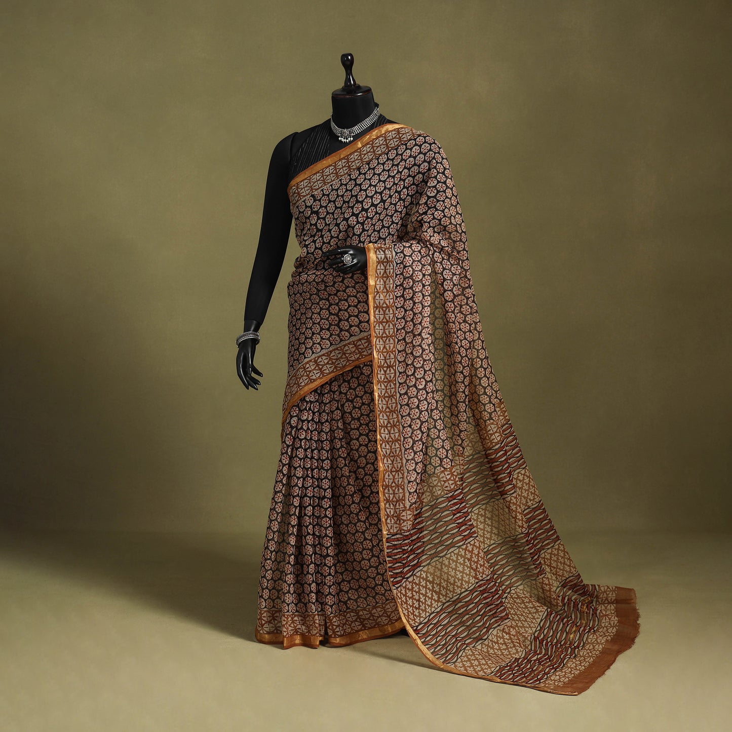 Brown - kota doria cotton bagru saree 29 - handcrafted