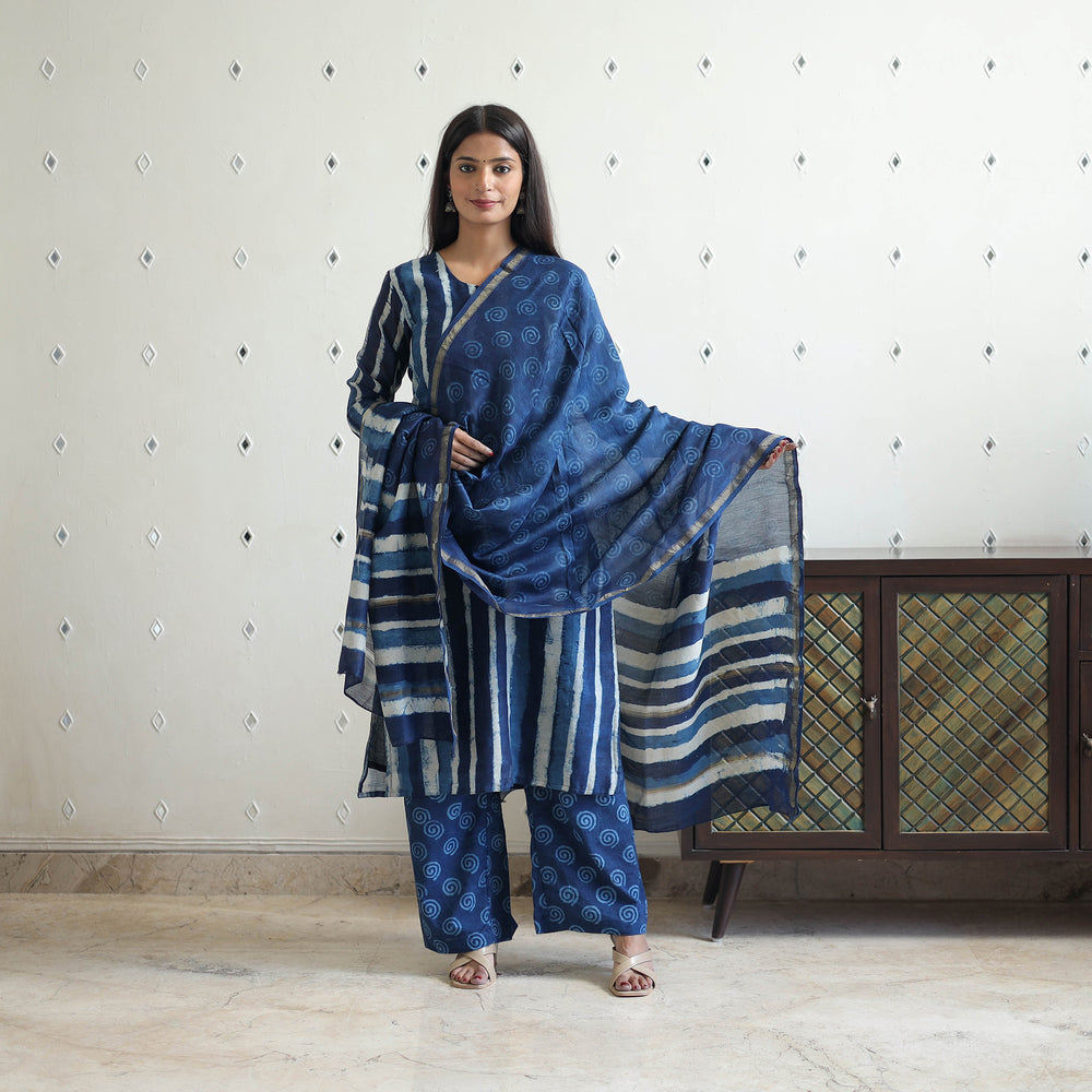 Blue - Chanderi Silk Indigo Bagru Block Print Kurta Set 10