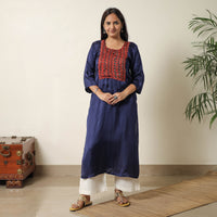 Blue - Plain Modal Silk Straight Kurta with Ajrakh Pintuck Patchwork 12