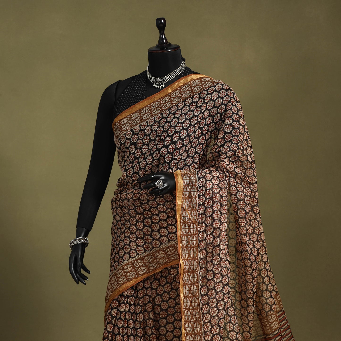 Brown - kota doria cotton bagru saree 29 - handcrafted