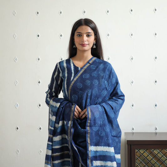 Chanderi Silk Indigo Bagru Block Print Kurta Set 10