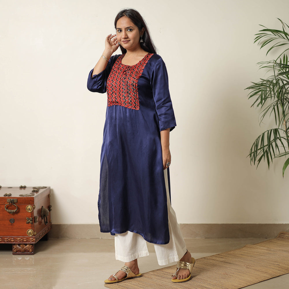 Blue - Plain Modal Silk Straight Kurta with Ajrakh Pintuck Patchwork 12