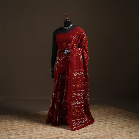 Maroon - Kutch Tie-Dye Pure Mul Cotton Rai Bandhani Saree with Blouse Piece 03
