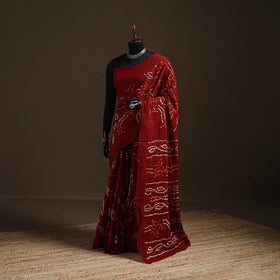 Maroon - Kutch Tie-Dye Pure Mul Cotton Rai Bandhani Saree with Blouse Piece 03