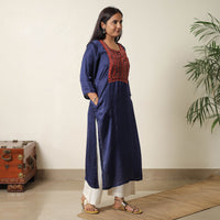 Blue - Plain Modal Silk Straight Kurta with Ajrakh Pintuck Patchwork 12