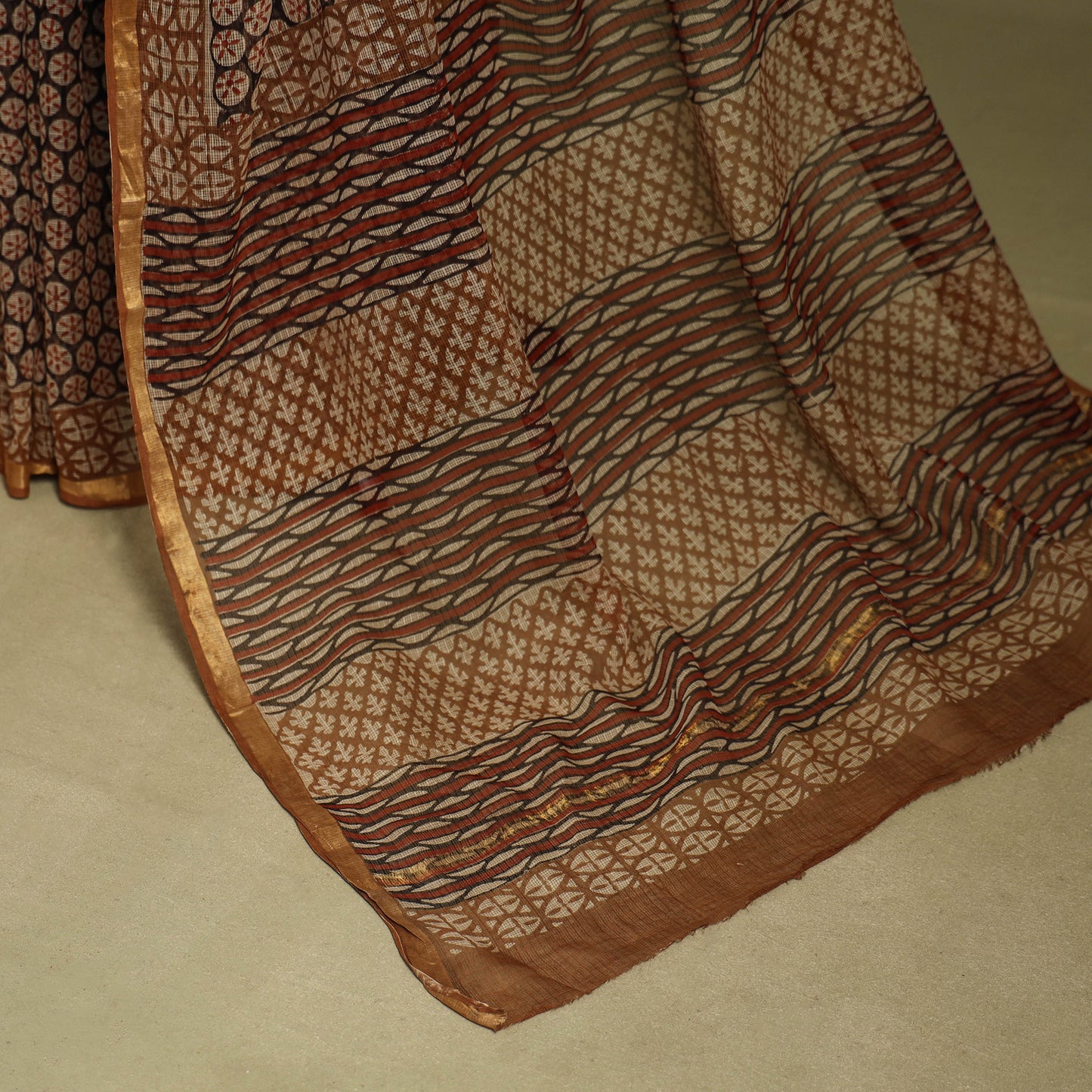 Brown - kota doria cotton bagru saree 29 - handcrafted